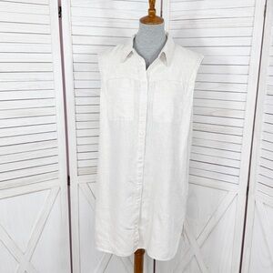 H&M Linen Button Up Sleeveless Shift Shirt Dress Beige Cream Medium
